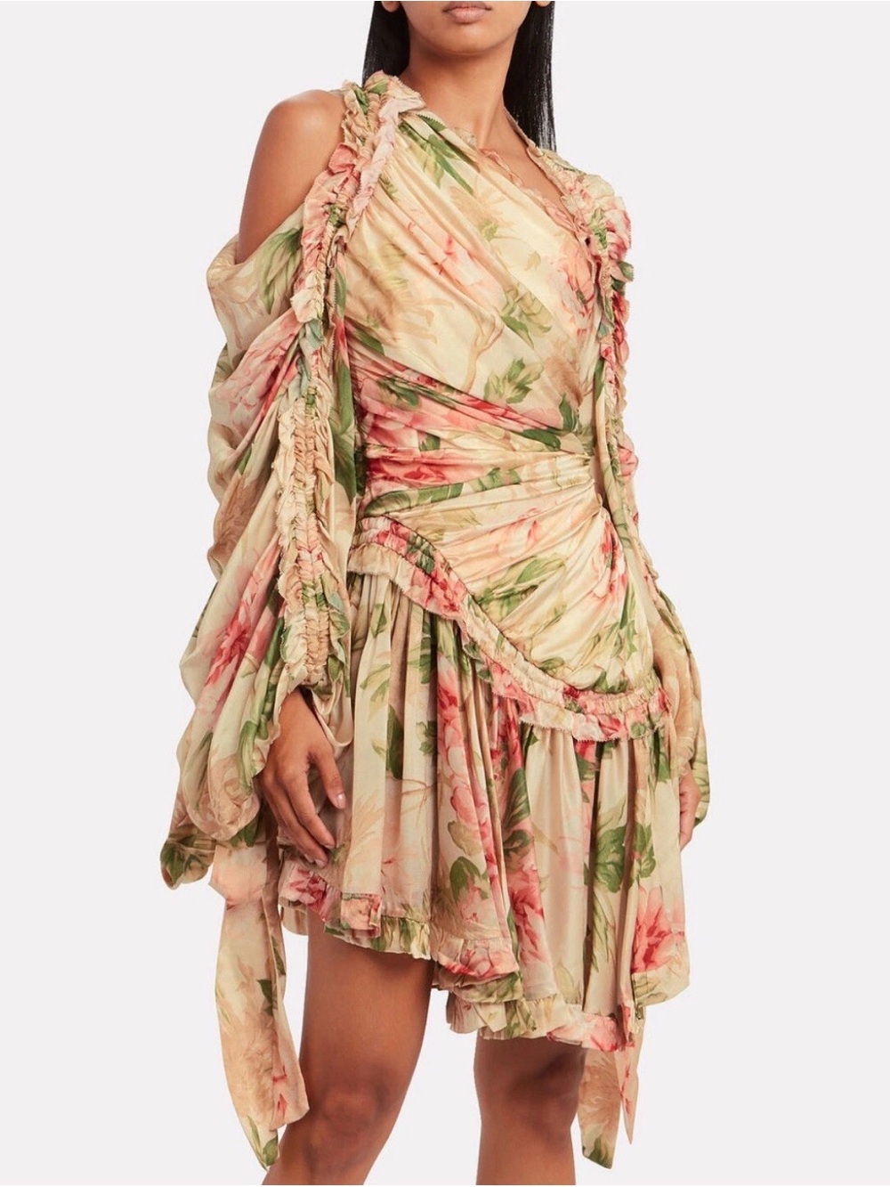 Zimmermann Floral One-Shoulder Ruffle Mini Dress - Pink & Green